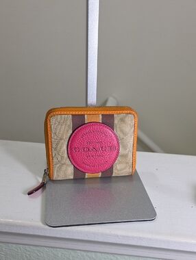 Coach Pink Leather Patch Orange Brown Stripe Compact Zip Around Wallet GUC